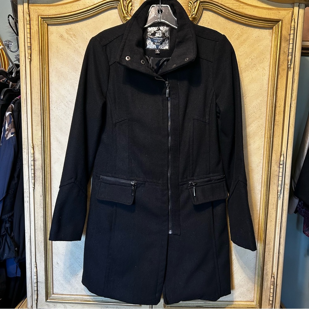 Dollhouse Black Zip Front Wool blend Mid Length Coat